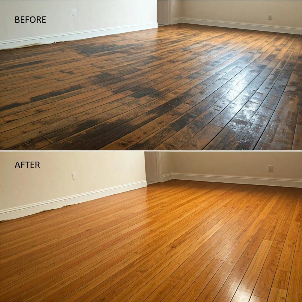 water damaged hardwood floor NYC before and after